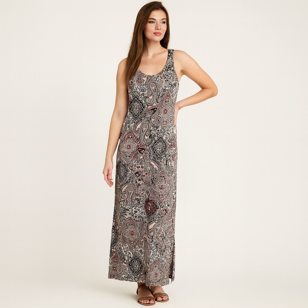 Vibe Sportswear Women Pink Floral Paisley Scoop Neck Stretch Maxi Dress - Small
